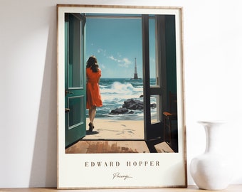May include: A framed print of a painting by Edward Hopper titled "Passage". The painting depicts a woman in a red dress standing in a doorway looking out at a seascape with a lighthouse in the distance.