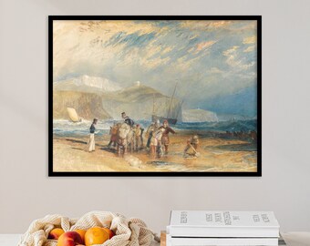 Vintage Coastal Print | William Turner | Folkestone Harbour and Coast to Dover (1829) | Beach Oil Painting, Beach Wall Art, Sea Painting