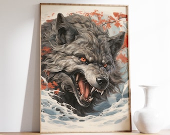 Póster de lobo japonés / Póster de animales / Lámina artística de lobo / Arte mural de animales / Estilo moderno de mediados de siglo / Arte mural japonés / Ukiyo-e