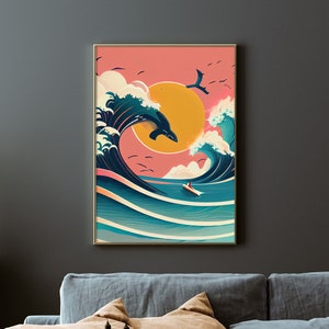 May include: A digital illustration of a large wave with a whale jumping out of the water. The background is a pink and orange sunset with a yellow sun. A small boat is in the water below the wave.