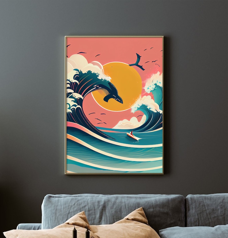 May include: A digital illustration of a large wave with a whale jumping out of the water. The background is a pink and orange sunset with a yellow sun. A small boat is in the water below the wave.