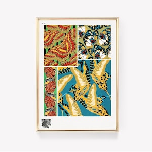 Könnte beinhalten: Eine Vintage-Illustration eines Schmetterlingsmusters in einer Collage aus vier verschiedenen Designs. Die Designs zeigen eine Vielzahl von Farben, darunter Rot, Gelb, Blau und Grün. Die Illustration ist in einem goldenen Rahmen gerahmt.