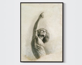 May include: A black and white drawing of a man with long hair, his arm raised, pointing upwards. The drawing is on a textured paper background.