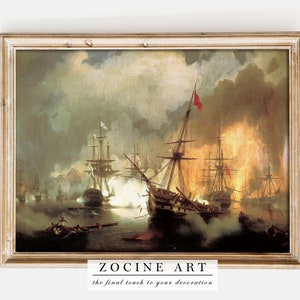 Vintage Ship Oil Painting | Ivan Aivazovsky | Sea Battle (1846) | Ocean Painting, Waves Decor, Sea Painting, Nautical Antique Poster