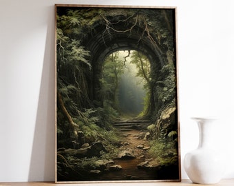 Bosingang | Cottagecore-muurkunst | Sfeervolle botanische muurkunst | Print uit gotische tijd | Donker esthetisch kunst schilderij | Fairycore-afdruk