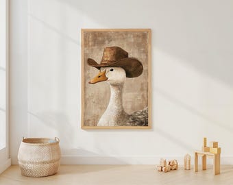 Arte de parede com ganso cowboy | Impressão para quarto de bebê com tema faroeste | Decoração neutra para quarto infantil com animais | Arte divertida com ganso