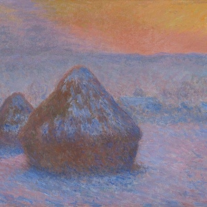 Könnte beinhalten: Ein Gemälde, das zwei große Heuhaufen auf einem Feld zeigt, mit einem nebeligen, violetten Himmel und einem warmen orangen Sonnenuntergang im Hintergrund.