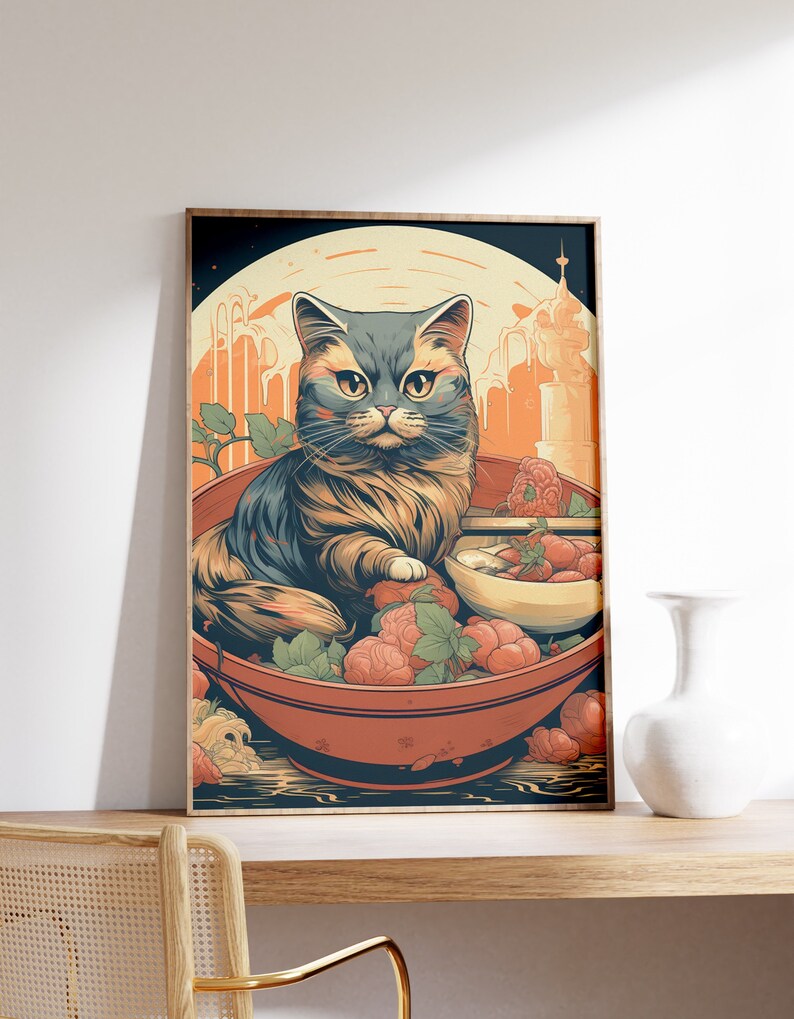 Japanese Ramen Cat Poster | Animal Poster | Ramen Cat Art Print ...