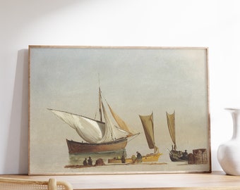 Nautical Art Print | Vintage Fishing Boats | Antique Poster | Antique Sail Boat Painting | Seascape Artwork | Fishing Decor | Canvas Decor