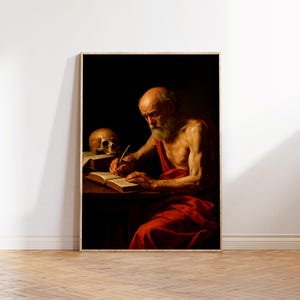a painting of a man sitting at a table with a skull