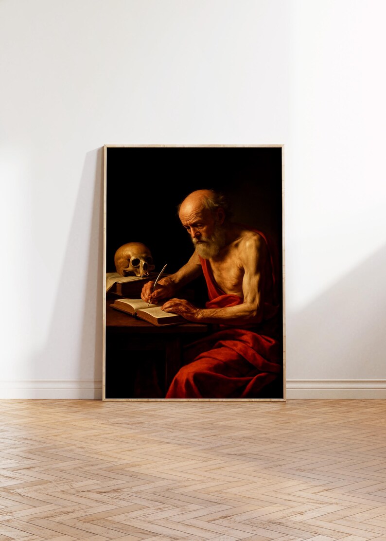 a painting of a man sitting at a table with a skull