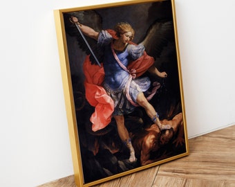 Guido Reni - Archangel Michael Tramples Satan (1635) - Classic Painting Photo Poster Print Art Gift Home - Bible Christian Fight Defeats