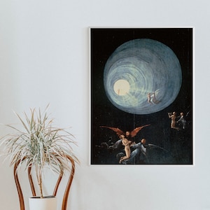 May include: A painting depicting a swirling blue orb with a bright light at its center.  The orb is surrounded by figures in the dark, including a winged figure with two other figures in its arms.