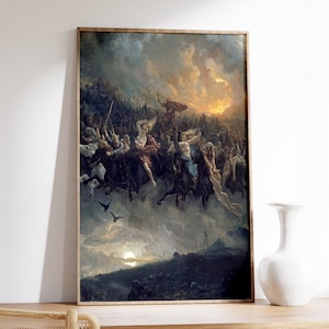 May include: A painting depicting a group of Valkyries riding horses through a stormy sky. The Valkyries are depicted as women with wings and armour, and they are carrying fallen warriors to Valhalla. The painting is set against a backdrop of a fiery battlefield.