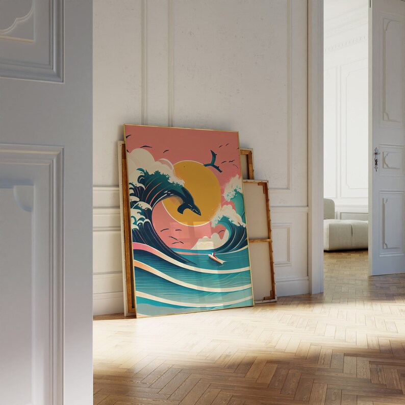 May include: A framed print of a colorful illustration of a whale jumping over a large wave with a small boat in the distance. The background is a pink and yellow sunset.