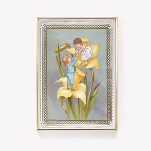 Vintage kaartkunst | Kinderen met bloemenprint | Bloemenfoto voor kinderen | Vintage schilderij | Antieke kunst