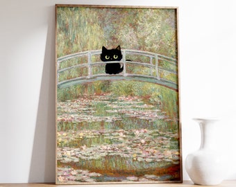 Claude Monet Cat Print | Monet Waterlily Bridge Cat Print | Black Cat Art | Funny Print | Floral Poster | Cat Art Print | Living Room Decor