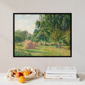May include: A framed painting depicting a rural landscape with hay bales in a field surrounded by trees. The painting is in a black frame and has a vintage aesthetic.