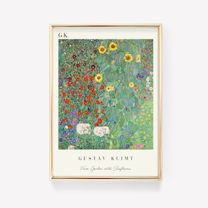 Gustav Klimt Poster | Bauerngarten mit Sonnenblumen | Ausstellungsplakat | Botanische Malerei | Moderne Kunst Dekor | Wohnzimmer Wandkunst