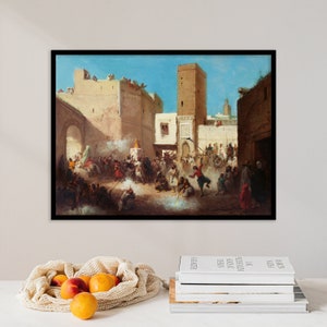 May include: A painting depicting a bustling scene in a Moroccan city. The painting features a group of people gathered in a courtyard, with buildings and a tall tower in the background. The scene is filled with vibrant colors and details, including the people's clothing, the architecture, and the sky.