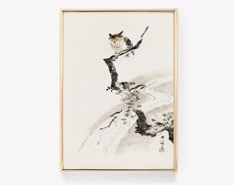 Vintage uilprint | Tak kunstposter | Antieke Japanse kunst | Muurafdruk vogel | Tessai-uil schilderij