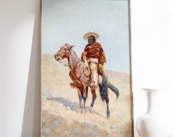 Könnte beinhalten: Ein Gemälde, das einen Mann auf einem Pferd zeigt, der ein traditionelles mexikanisches Outfit trägt. Der Mann trägt einen breitkrempigen Hut, eine rote und grüne Serape und eine braune Hose. Das Pferd ist braun und hat einen langen Schwanz. Der Hintergrund ist ein hellblauer Himmel mit einigen Wolken.