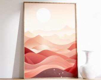 May include: A framed print of a minimalist landscape with a white sun and red, orange, and pink mountains. The mountains are layered and have a soft, flowing texture.