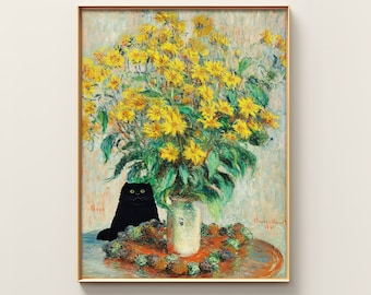 Claude Monet Sunflowers Cat Print | Monet Cat Art Poster | Black Cat Art | Funny Print | Floral Poster | Cat Art Print | Living Room Decor
