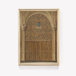 May include: A framed print of a watercolour painting depicting a room with a patterned wallpaper and a wooden door. The wallpaper features a repeating design of stylised flowers and leaves in shades of gold, green, and red. The door is made of dark wood and has a series of vertical panels.