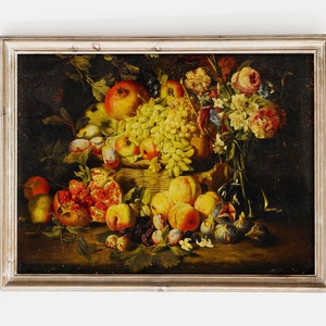 May include: A still life oil painting in a wooden frame depicts a basket overflowing with fruit, including grapes, apples, peaches, and pomegranates.  Flowers in a vase are arranged behind the fruit.