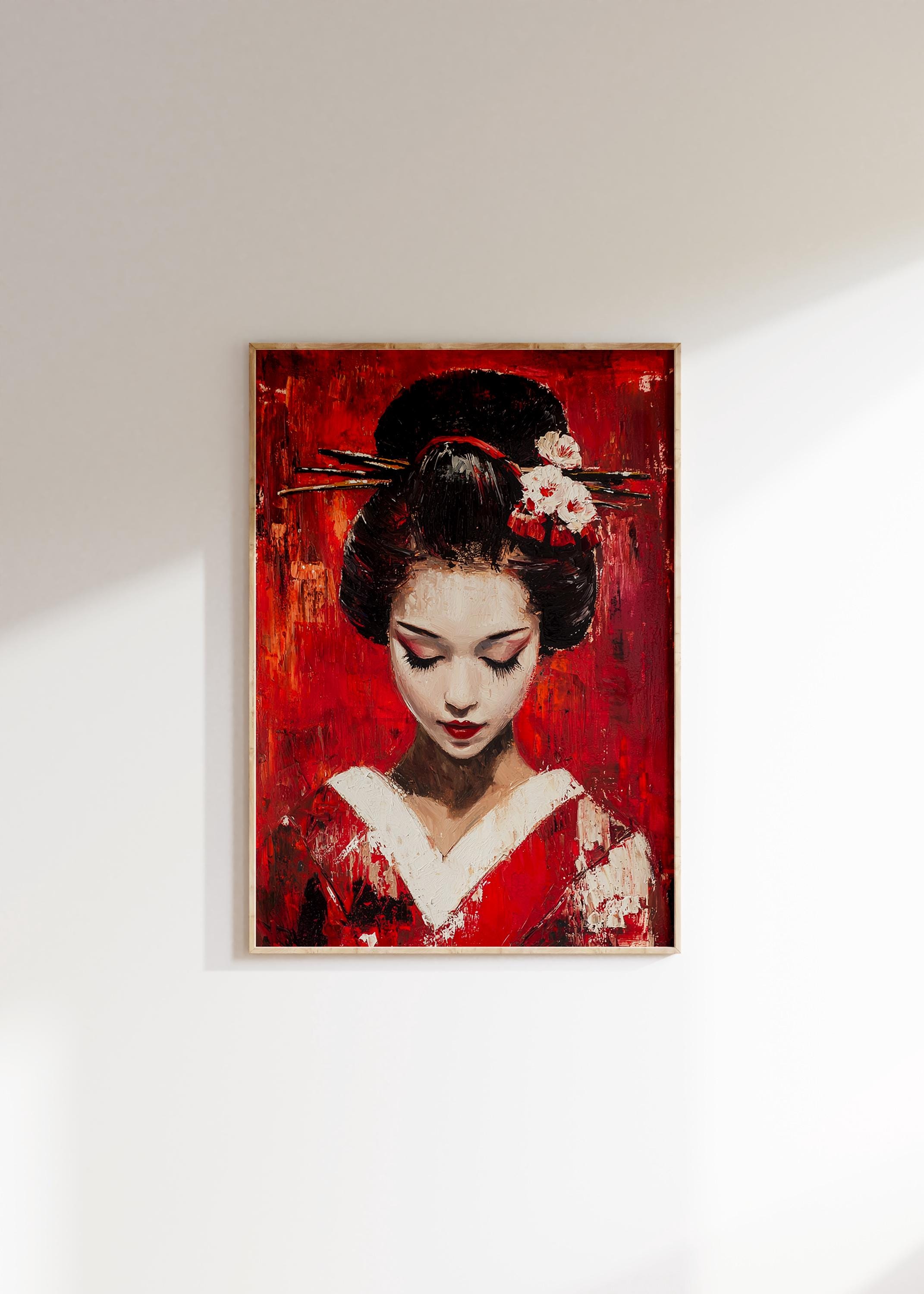 Geisha Oil Painting, Japanese Art Print, Red Kimono Wall Decor, Elegant ...