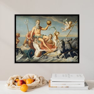 May include: A painting depicting a scene from Greek mythology. A bearded god, possibly Poseidon, stands in a chariot drawn by horses. He holds a trident and a sphere in his hands. Other figures, including a woman and a winged cherub, are also present in the scene.