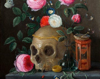 Natureza-morta Vanitas | Pintura Vintage | Impressão de Caveira | Arte Antiga | Vanitas Floral | Impressão Clássica