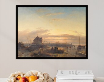 Winter Landscape | Snow Painting | Winter Print | Cottage Landscape | Vintage Painting | Wall Art | Sunset Antique Canvas Decor Print Poster