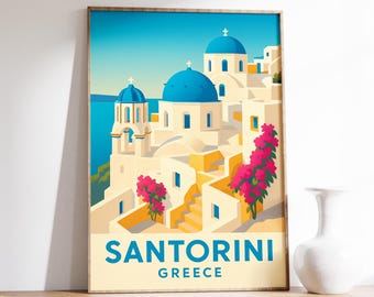 Póster de Santorini, Arte mural de Grecia, Lámina de cúpulas azules, Decoración de viaje de Santorini, Póster de isla griega