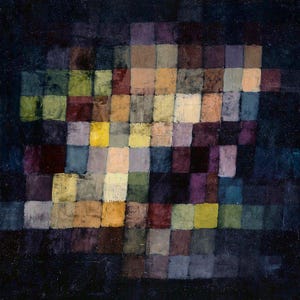 May include: Abstract painting with a grid of colorful squares. The squares vary in color, including shades of yellow, purple, blue, and brown, set against a dark blue background. The artwork has a textured appearance, suggesting a painted medium.
