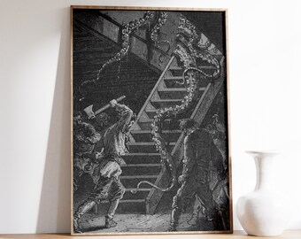 May include: A black and white illustration of a group of people fighting off a giant octopus on a set of stairs. The octopus has many tentacles and is attacking the people with its sharp claws.