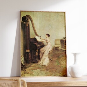 May include: A framed painting of a woman playing a harp in a room with a patterned rug. The harp is a dark wood with intricate carvings. The woman is wearing a long, flowing dress. The painting is in a light, airy style.