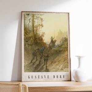 May include: A vintage watercolor painting of a medieval scene with a knight on horseback riding towards a castle in the distance. Three figures walk behind the knight on a path through a forest. The painting is signed "Gustave Doré" in the bottom right corner.