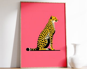 Nadruk z gepardem, grafika ze zwierzętami, różowo-różowa sztuka ścienna, sztuka boho, plakat z dżunglą, minimalistyczna sztuka z gepardem, nadruk z lampartem, sztuka z gepardem