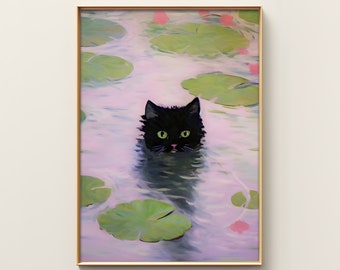 Monet Waterlily Cat Print | Funny Print | Claude Monet Cat Poster | Black Cat Art | Floral Art Poster | Exhibition Poster | Cat Art Print