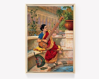 Raja Ravi Varma | Lady Playing Swarbat | Vintage Painting | Indian Art Print | Classical Music Poster