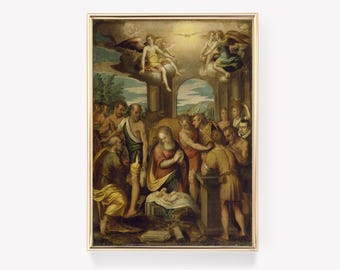 Religious Art Print | Shepherds Adoration Print | Vintage Painting | Biblical Scene Print | Classic Art