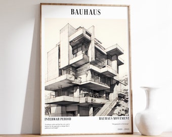 Könnte beinhalten: Eine Schwarzweiß-Architekturzeichnung eines Gebäudes mit dem Text "Bauhaus" oben, "Interwar Period" unten links und "Bauhaus Movement" unten rechts. Der Text "Originated in Germany" befindet sich unter dem Text Bauhaus Movement. Der Text "1919 - 1933" befindet sich unter dem Text Originated in Germany.