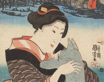 May include: A woman in a patterned kimono holds a grey dog in her arms. The background shows a bridge with people on it and boats in the water.