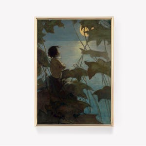 Pode incluir: Uma pintura de uma pessoa jovem sentada em um galho, olhando para um mar iluminado pela lua. A pessoa está em silhueta contra a lua e a água, e os galhos da árvore são escuros e frondosos.