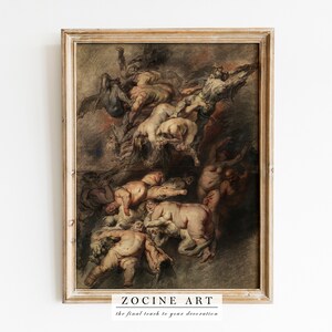 Op de afbeelding: Een ingelijst schilderij dat een chaotische scène met naakte figuren in verschillende poses toont, weergegeven in tinten bruin en grijs. De figuren lijken met elkaar verstrengeld en overlappend, wat een gevoel van beweging en energie creëert. Het schilderij is geplaatst tegen een donkere achtergrond, wat het dramatische effect versterkt.