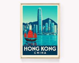 Hong Kong Vintage Travel Poster, China Wall Art Print, Hong Kong Decor, China Gift Idea