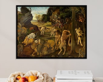 Piero di Cosimo - A Hunting Scene (1494) | Vintage Painting Print Canvas Rustic Landscape Mythological Historical Antique Poster Wall Art