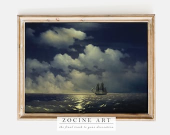 Ocean At Night Vintage Painting | Ivan Aivazovsky | Brig Mercury Meets with the Russian Squadron (1848) | Seascape Painting, Moonlight Print